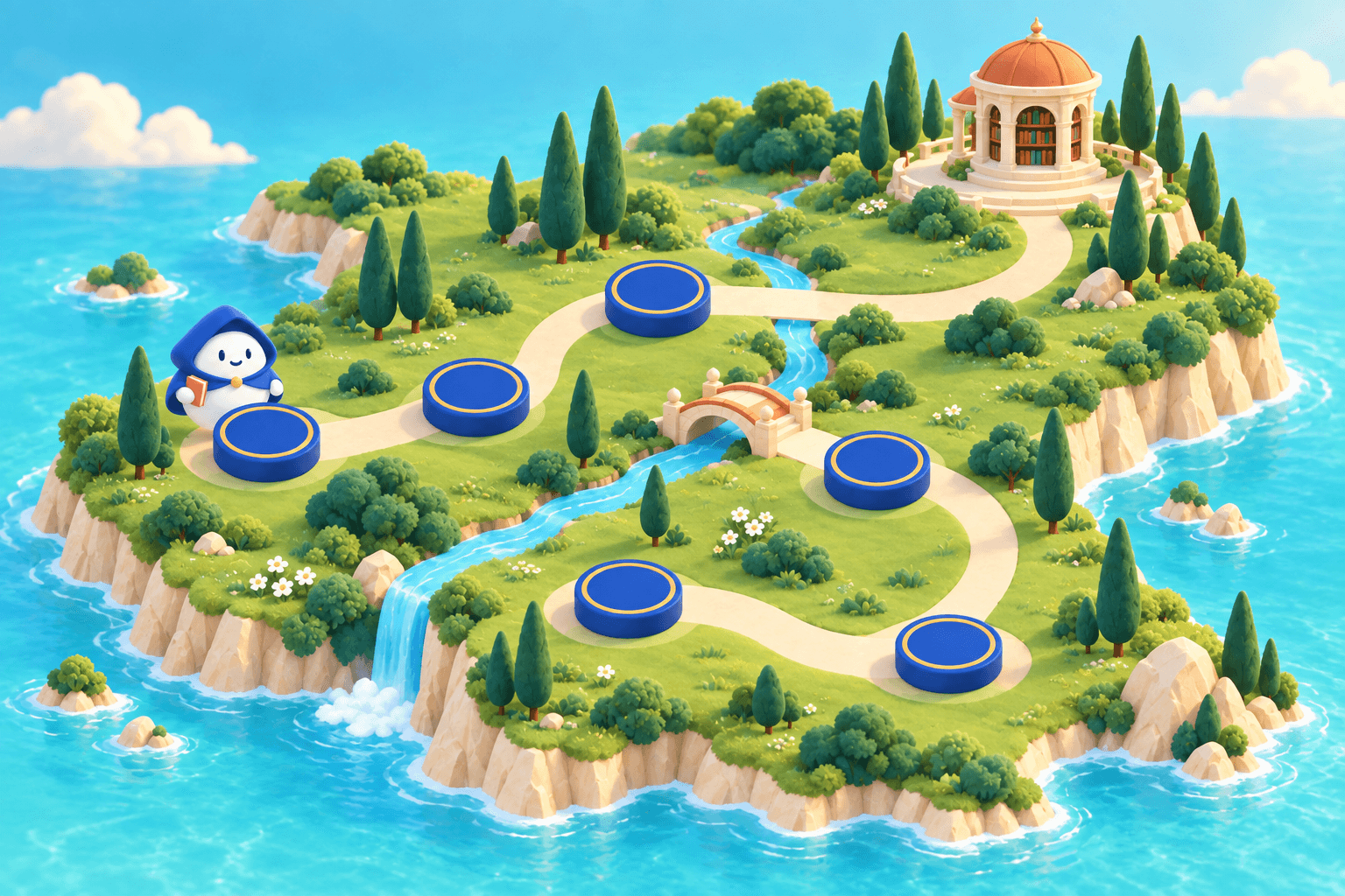 Virgil exploring a library island with a winding path and books