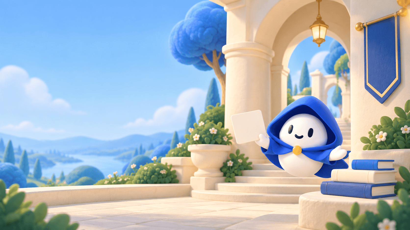 Virgil welcomes teachers at a courtyard entrance, holding a blank assignment card