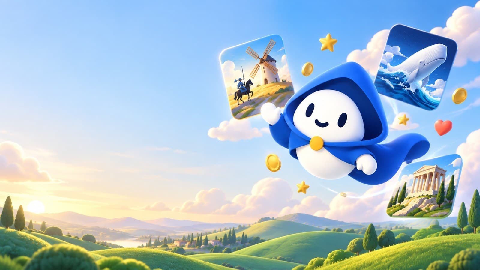 Virgil flies above a landscape with stories of a windmill, a whale and a classical temple
